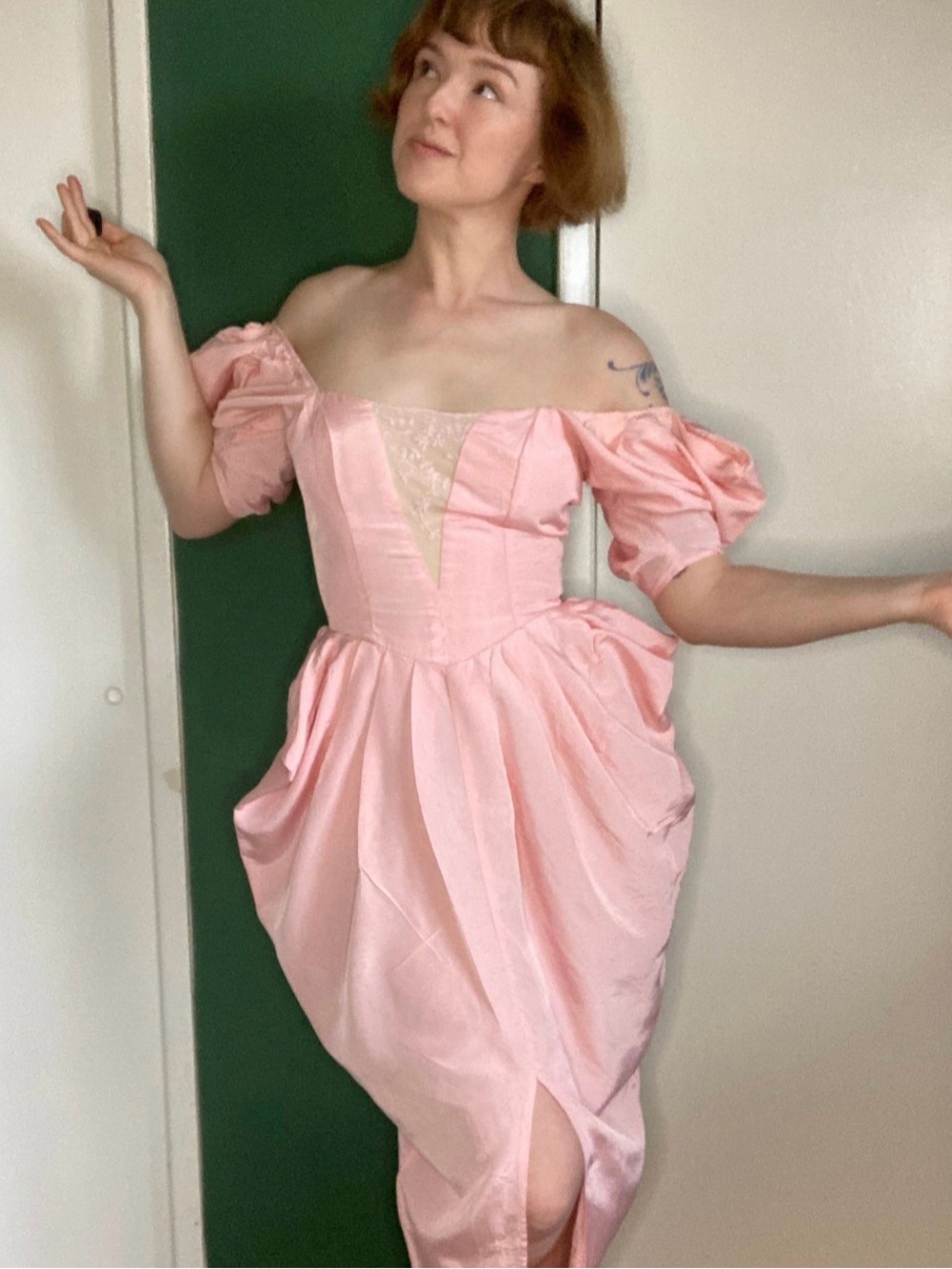 Vintage 80s Pink Puff-Sleeve Midi Dress - Picture 3 of 3